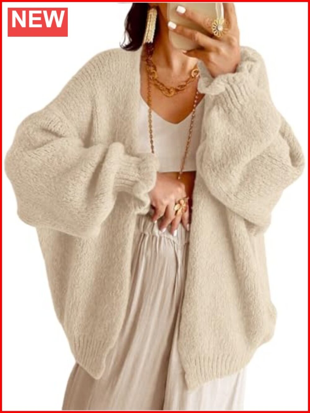 Oversized Chunky Knit Open Front Cardigan with Ruffle Lantern Sleeves Fall